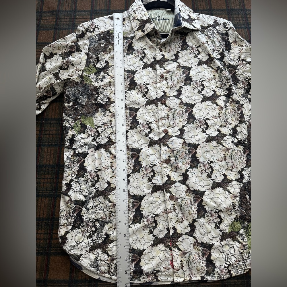 Robert Graham Button Down White Floral embroidered French Cuff large black green - Picture 10 of 13
